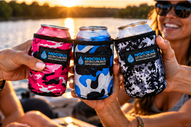 NOCQUA camouflage can coolers in pink, blue, and gray held outdoors